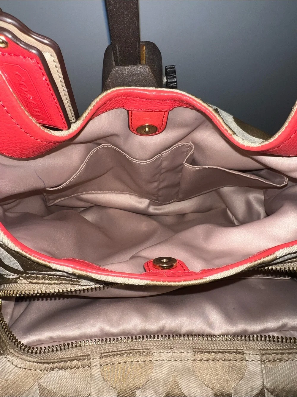 Coach Madison Op Art Maggie Hobo Bag – Khaki/Coral